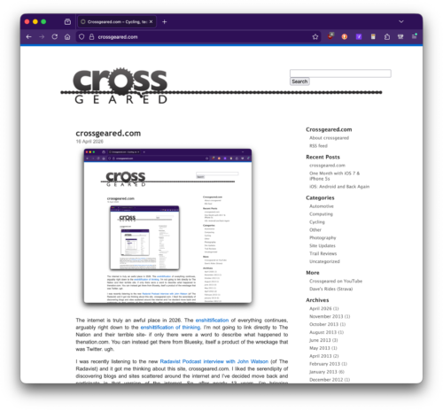 A screenshot of crossgeared.com loaded in Firefox 148.0.2 in MacOS 26.3