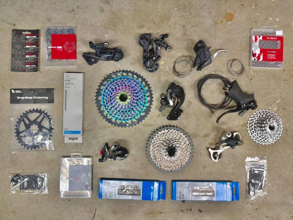 Various drivetrain components played out on the floor
