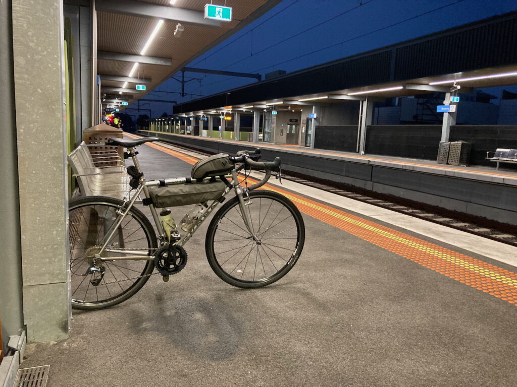 Gunnar Crosshairs on a bike packing trip at Rosanna train station
