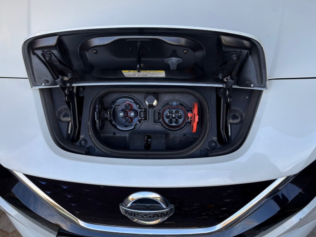A CHAdeMO and CCS2 Charge Port on a 2020 Nissan Leaf